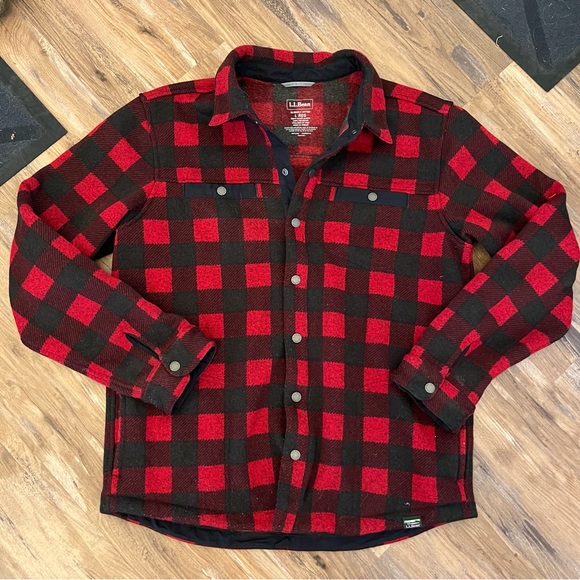Mens LL bean outdoor buffalo plaid fleece button up shirt jacket sz L red - Picture 1 of 5